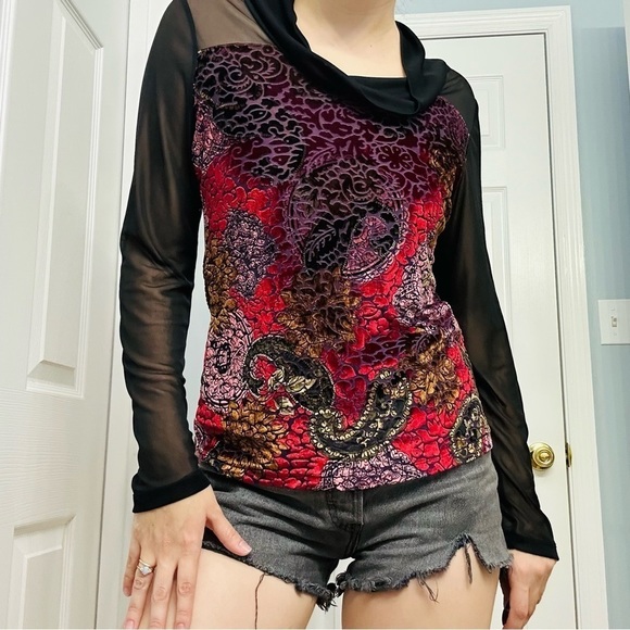 Suzie Couture Blouse Mesh Sleeve Velvet Fairy Whimsigoth Cowl Neck Size Small - Picture 1 of 6